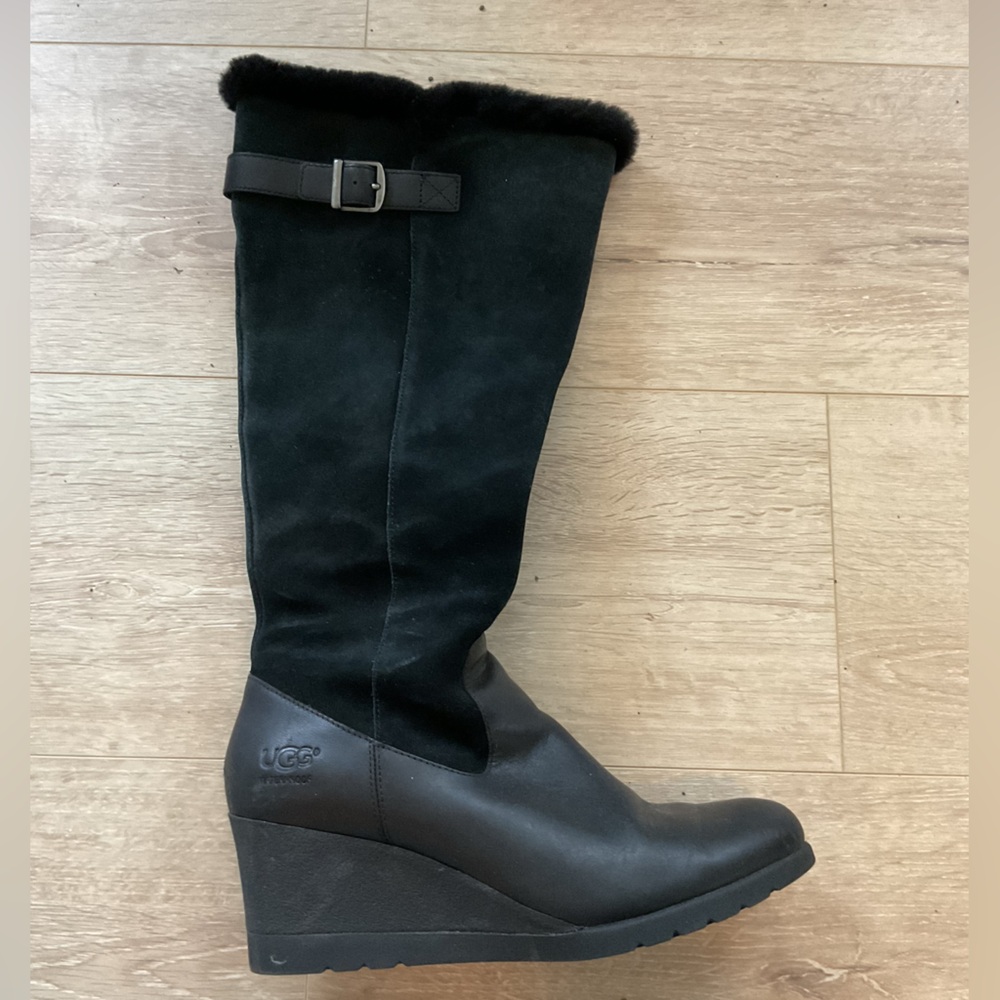 UGG Misha black suede/leather knee high wedge boots waterproof 9
